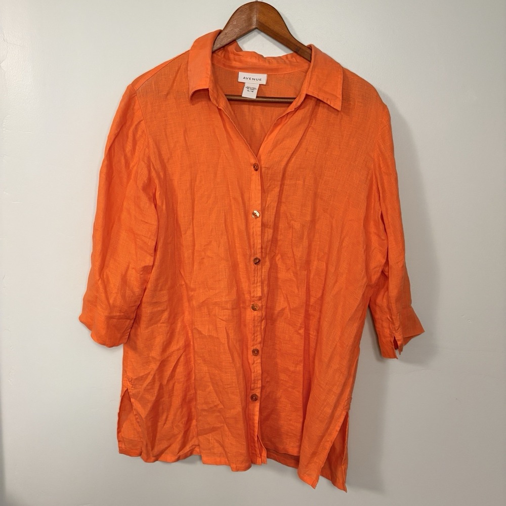 Avenue Womens Orange Coral Linen Button Down 3/4‎ Sleeve Shirt 14/16